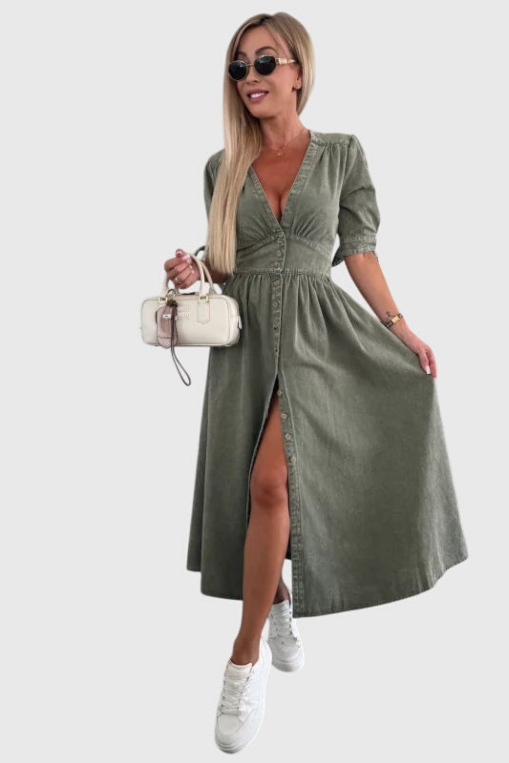 Geraldine | Women's Denim V-Neck Tie-Sleeve Button-Front Maxi Dress Carol & Margaret Wilmington