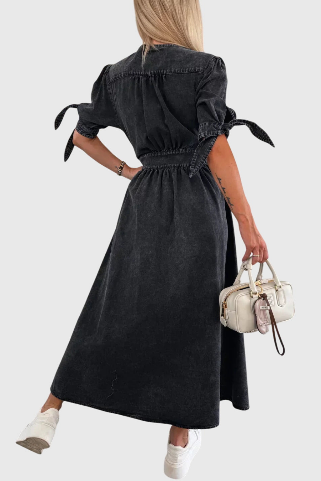 Geraldine | Women's Denim V-Neck Tie-Sleeve Button-Front Maxi Dress Carol & Margaret Wilmington