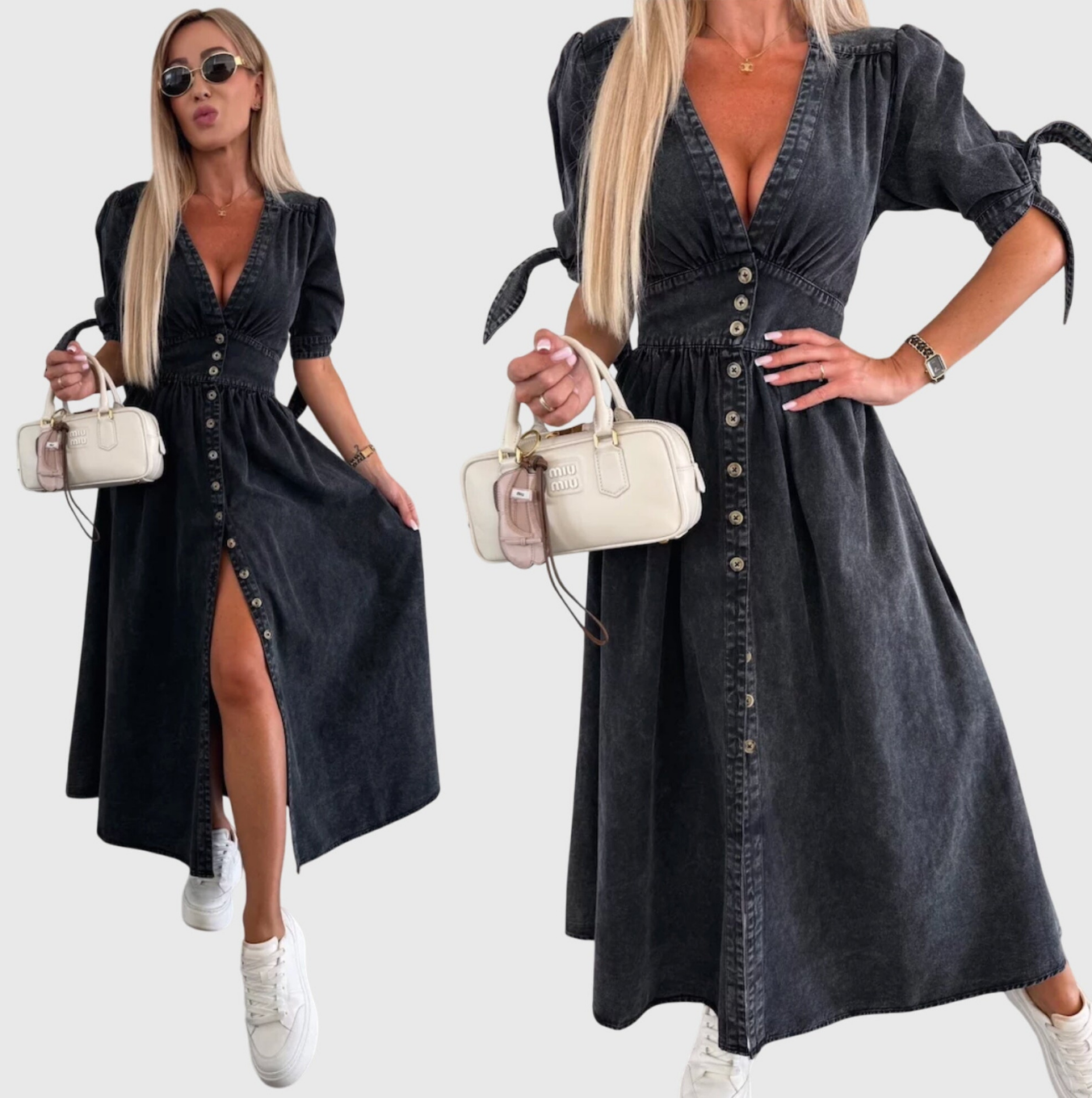 Geraldine | Women's Denim V-Neck Tie-Sleeve Button-Front Maxi Dress Carol & Margaret Wilmington