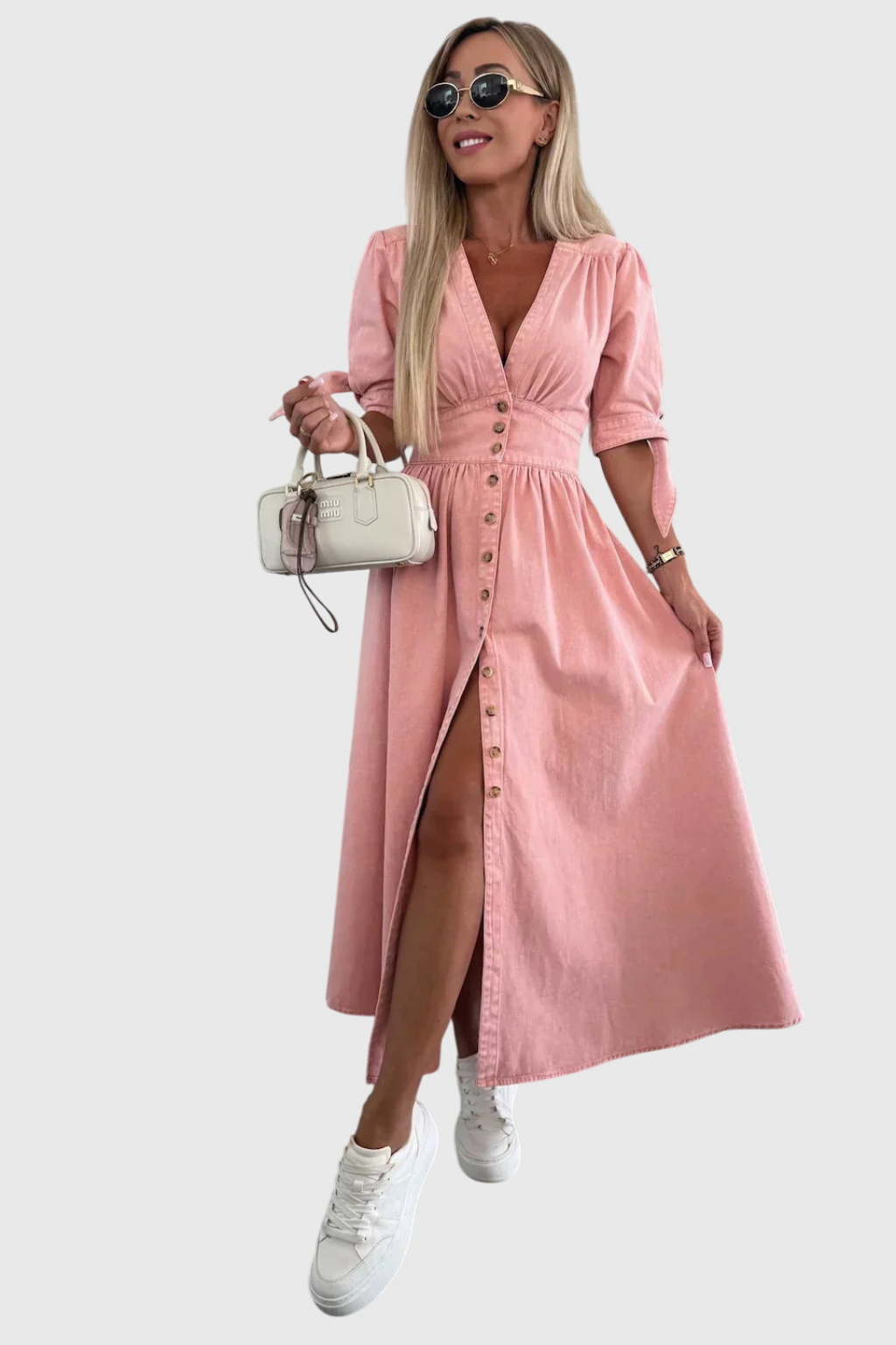 Geraldine | Women's Denim V-Neck Tie-Sleeve Button-Front Maxi Dress Carol & Margaret Wilmington