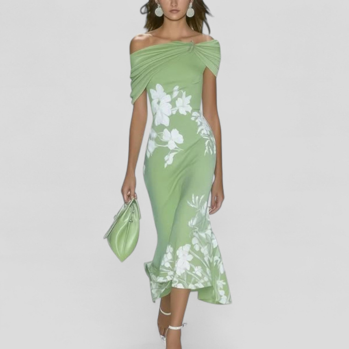 Melanie | Women's Satin Floral Off-Shoulder Twist-Front Midi Dress Carol & Margaret Wilmington