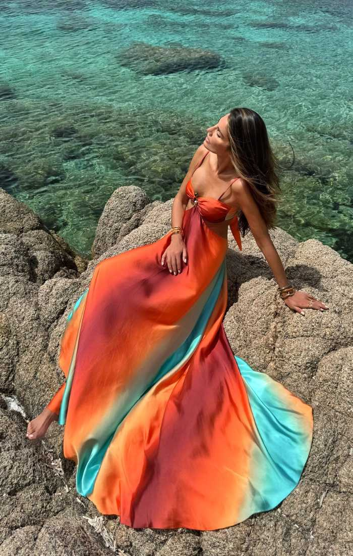Belle | Women's Orange Satin Ombre Cutout Spaghetti Strap Maxi Dress Carol & Margaret Wilmington