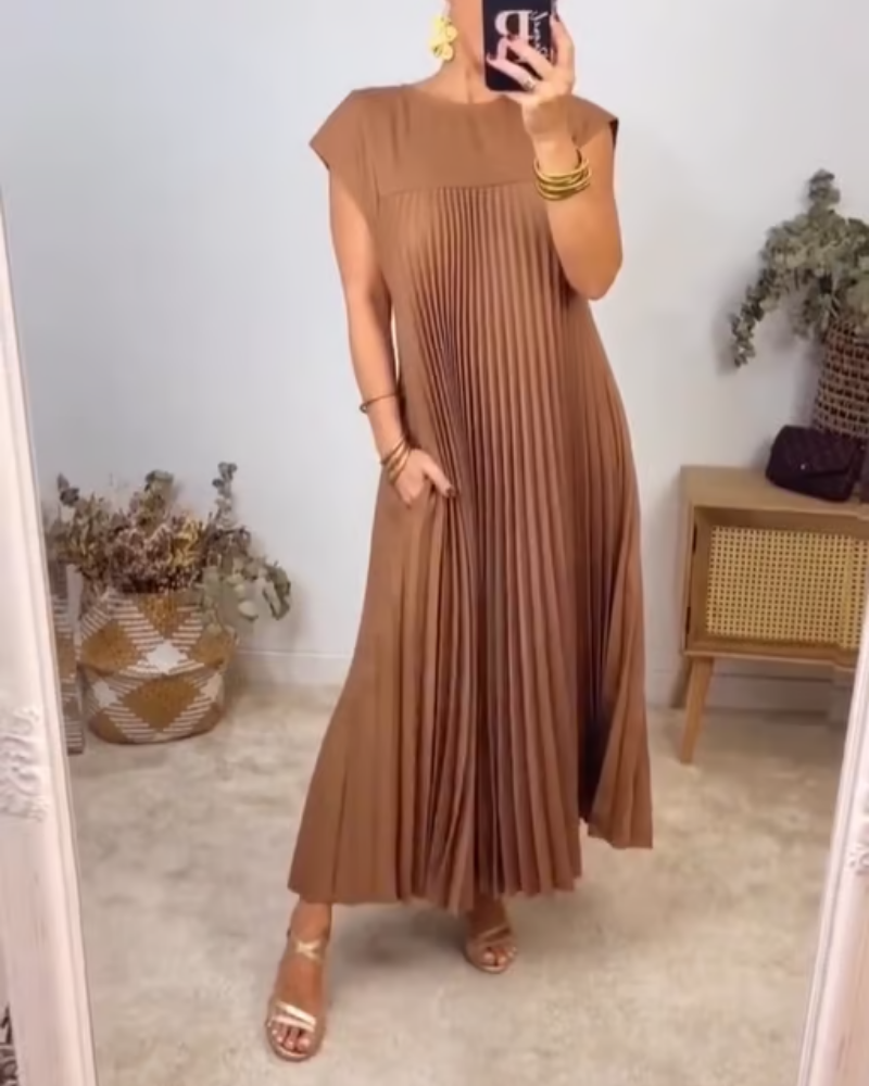Sylvie | Women's Satin Pleated Cap Sleeve Round Neck Maxi Dress Carol & Margaret Wilmington