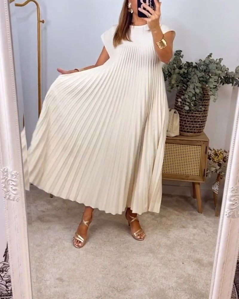 Sylvie | Women's Satin Pleated Cap Sleeve Round Neck Maxi Dress Carol & Margaret Wilmington