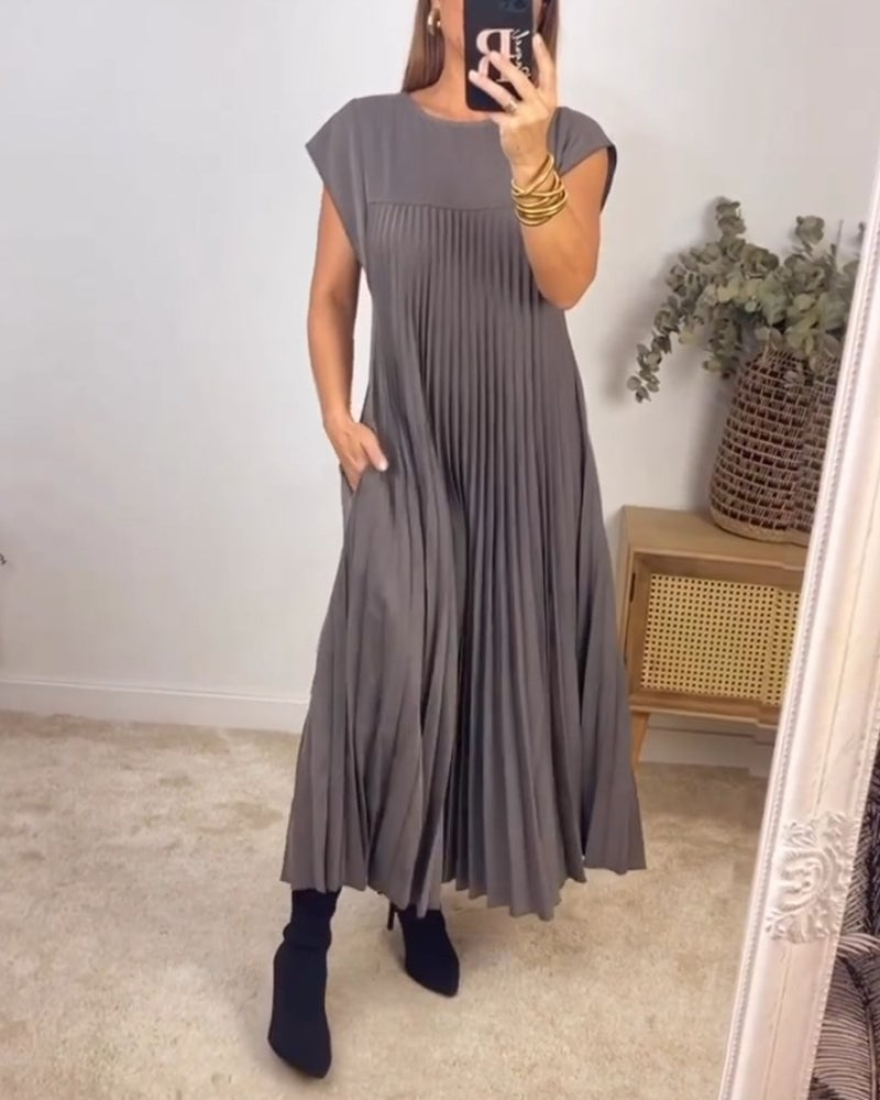 Sylvie | Women's Satin Pleated Cap Sleeve Round Neck Maxi Dress Carol & Margaret Wilmington
