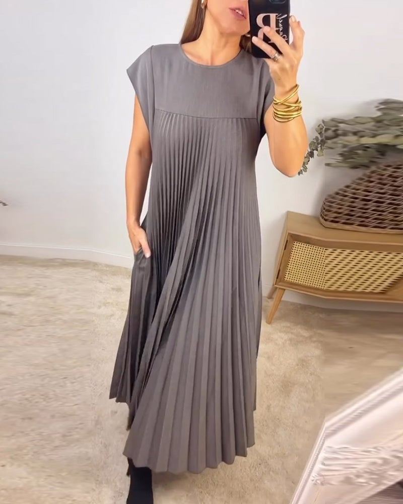 Sylvie | Women's Satin Pleated Cap Sleeve Round Neck Maxi Dress Carol & Margaret Wilmington