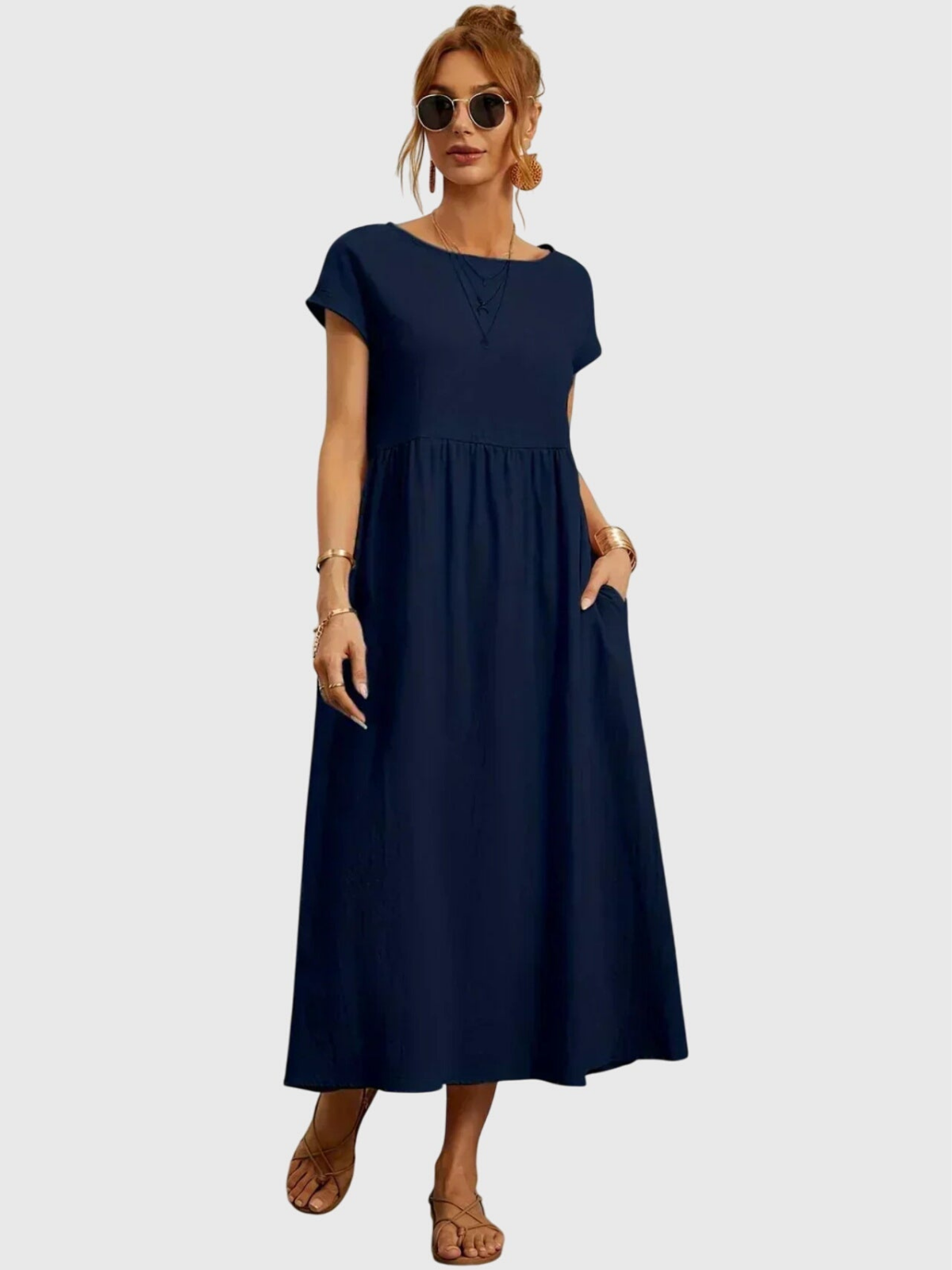 Rosalyn | Women's Linen Round Neck Gathered Waist Midi Dress Carol & Margaret Wilmington