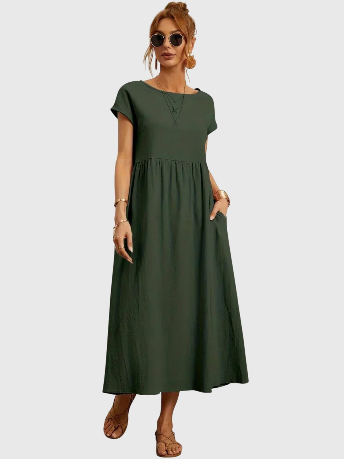 Rosalyn | Women's Linen Round Neck Gathered Waist Midi Dress Carol & Margaret Wilmington
