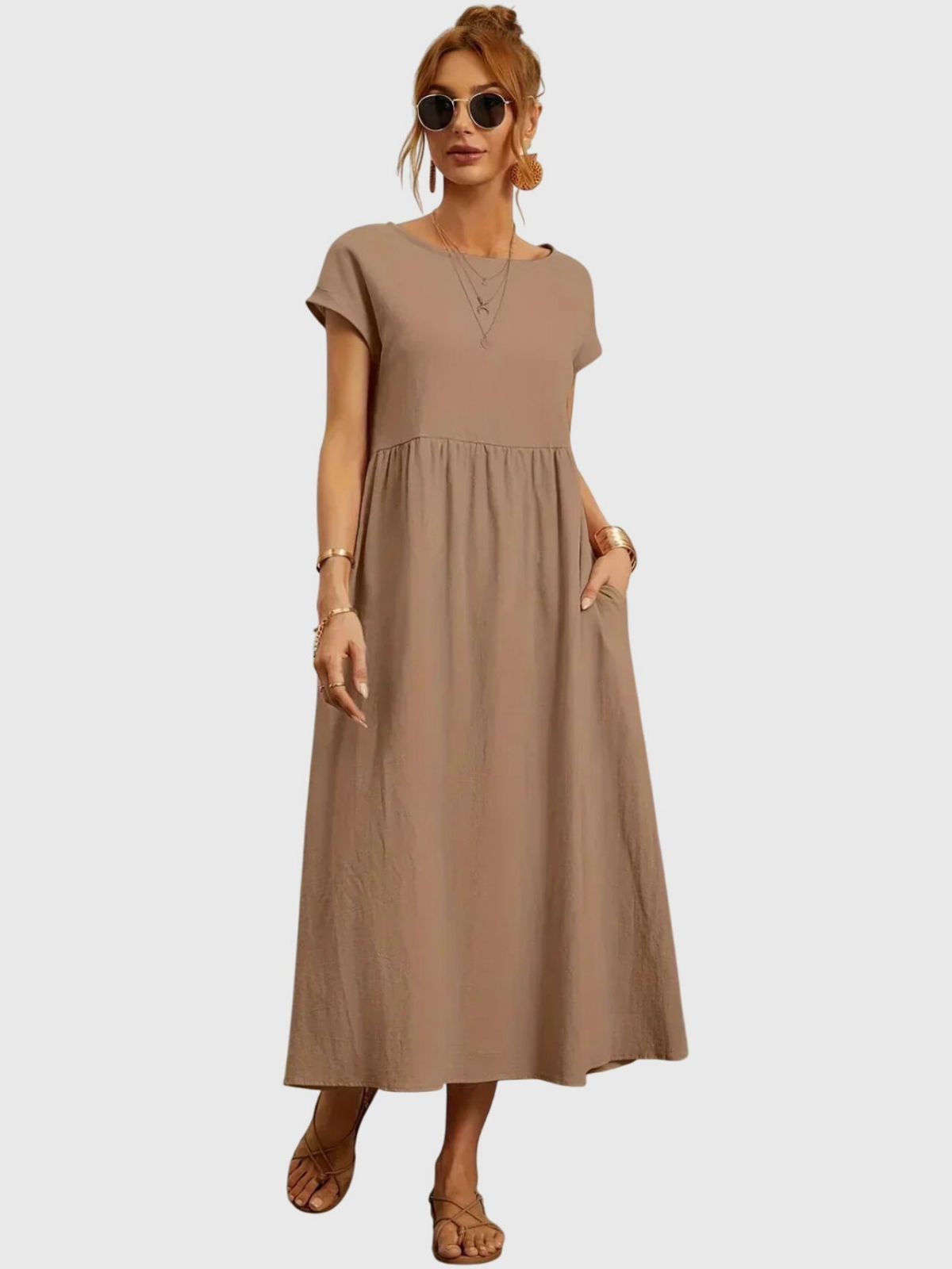 Rosalyn | Women's Linen Round Neck Gathered Waist Midi Dress Carol & Margaret Wilmington