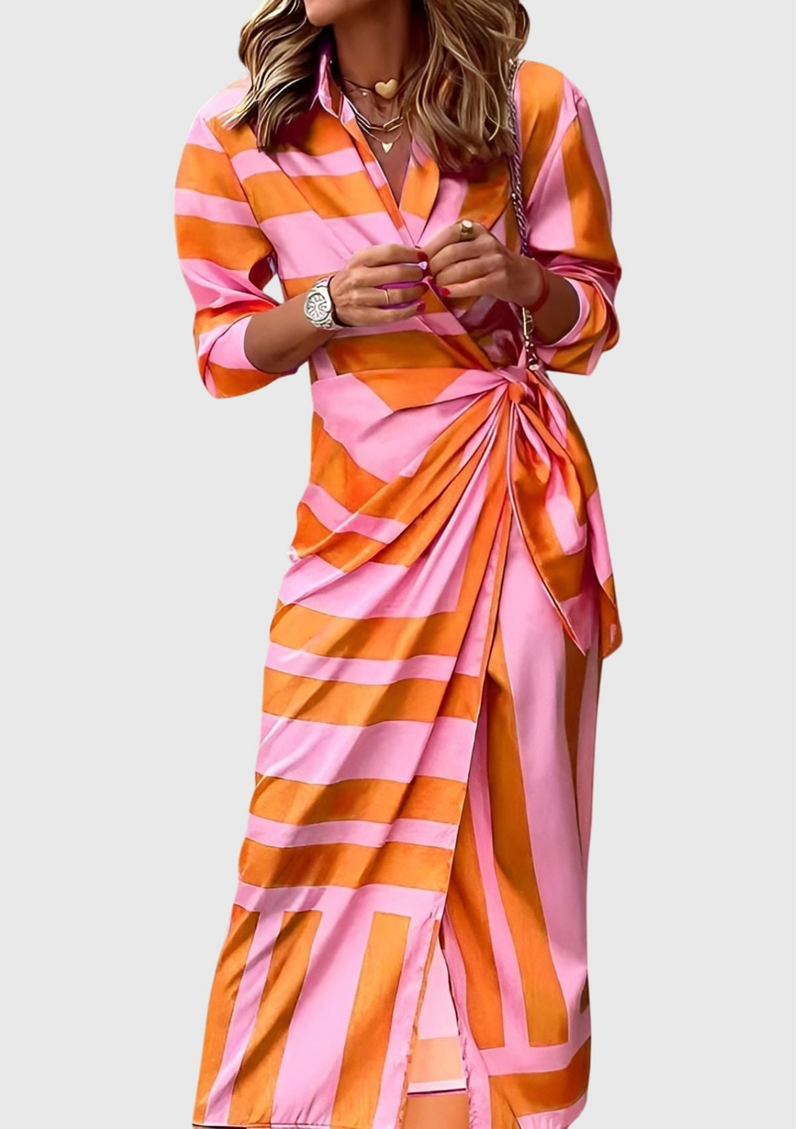 Liberty | Women's Satin Geometric Print Wrap Tie-Waist Maxi Dress Carol & Margaret Wilmington