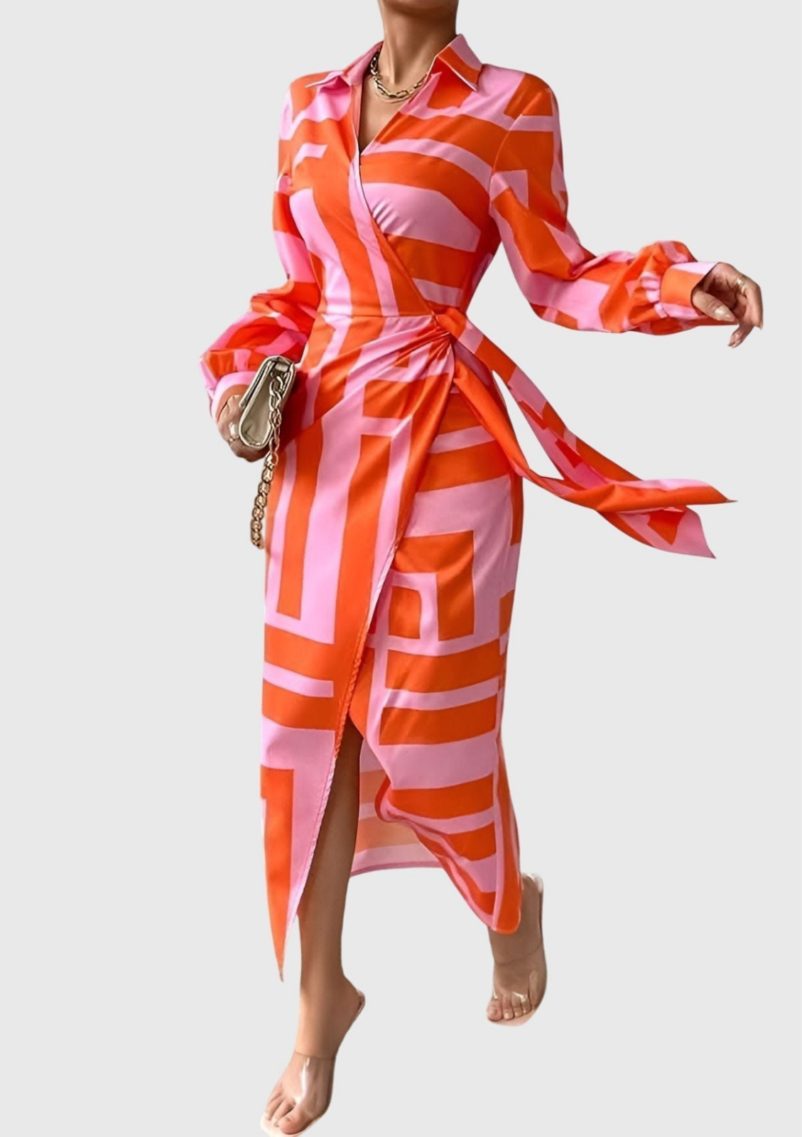 Liberty | Women's Satin Geometric Print Wrap Tie-Waist Maxi Dress Carol & Margaret Wilmington