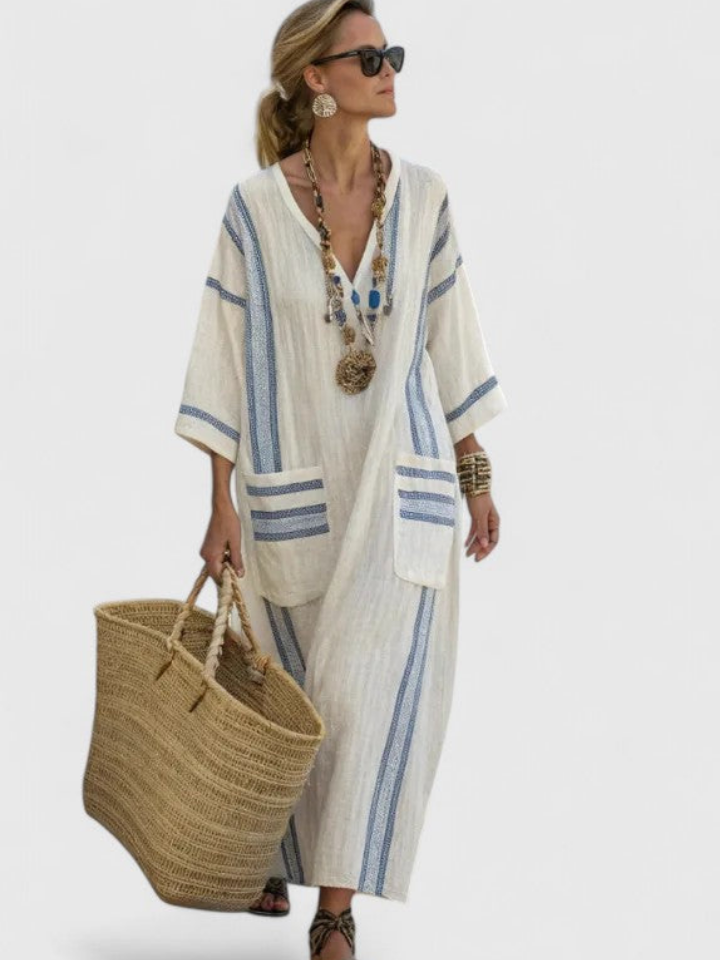 Maribel | Women's Linen Stripe-Trim V-Neck Boho Maxi Dress Carol & Margaret Wilmington