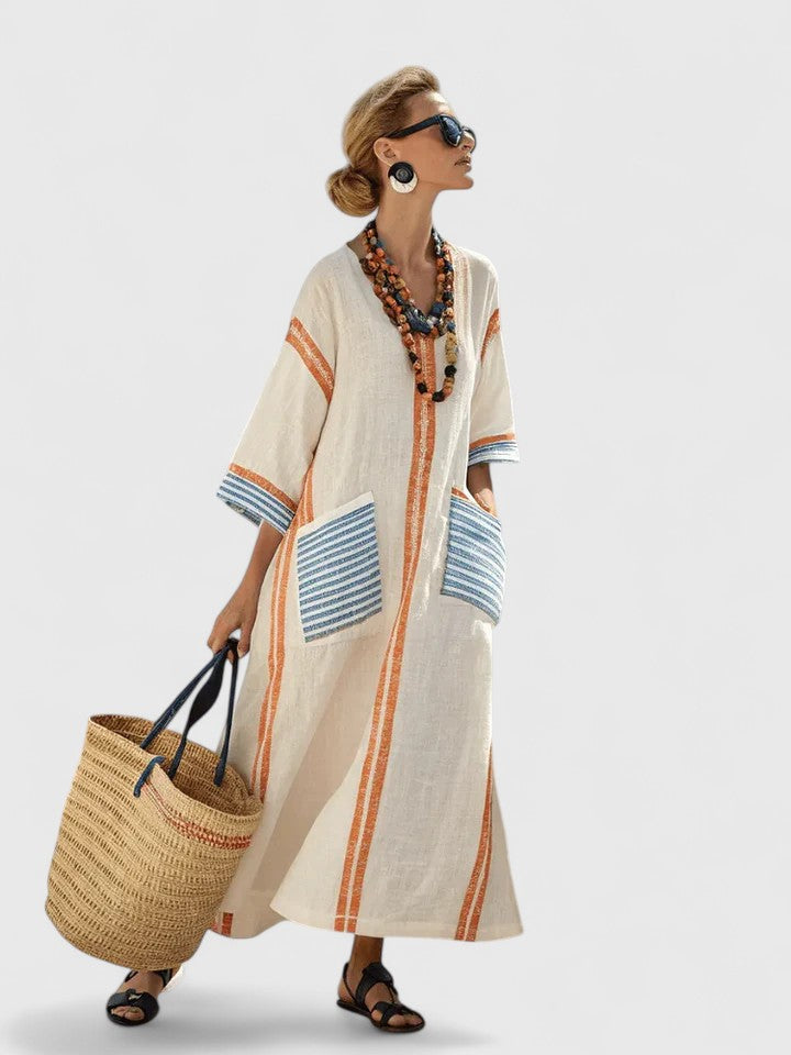 Maribel | Women's Linen Stripe-Trim V-Neck Boho Maxi Dress Carol & Margaret Wilmington
