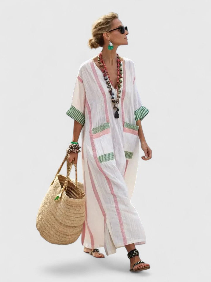 Maribel | Women's Linen Stripe-Trim V-Neck Boho Maxi Dress Carol & Margaret Wilmington