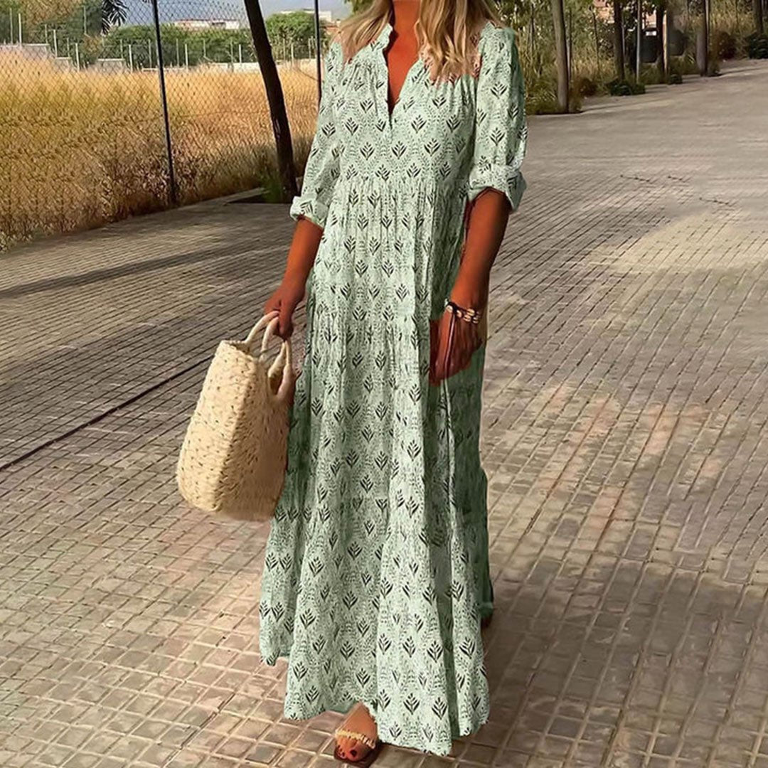 Boho Maxi Dress V-Neck Long Sleeve Printed - Light Green