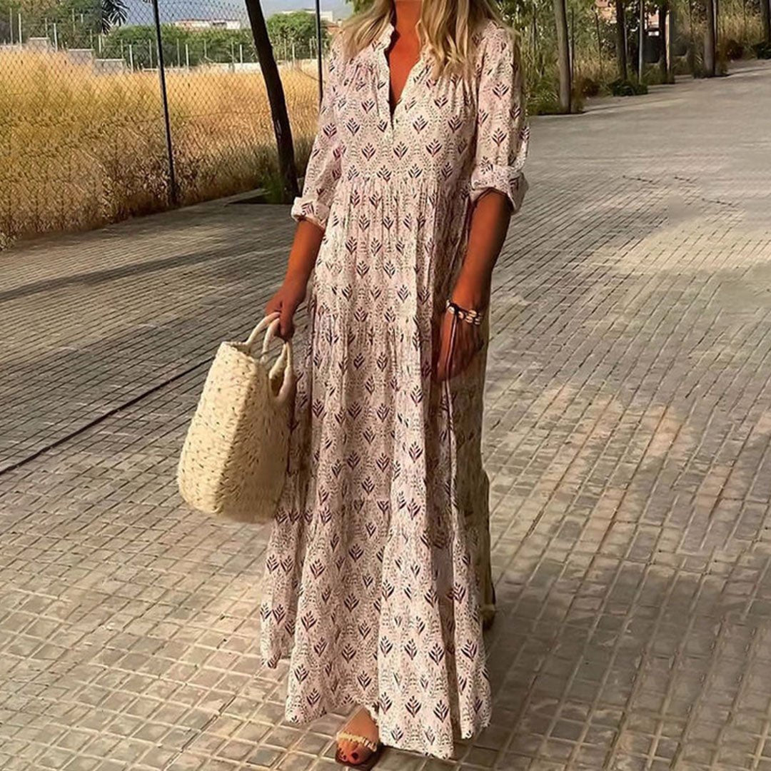 Boho Maxi Dress V-Neck Long Sleeve Printed - Pink