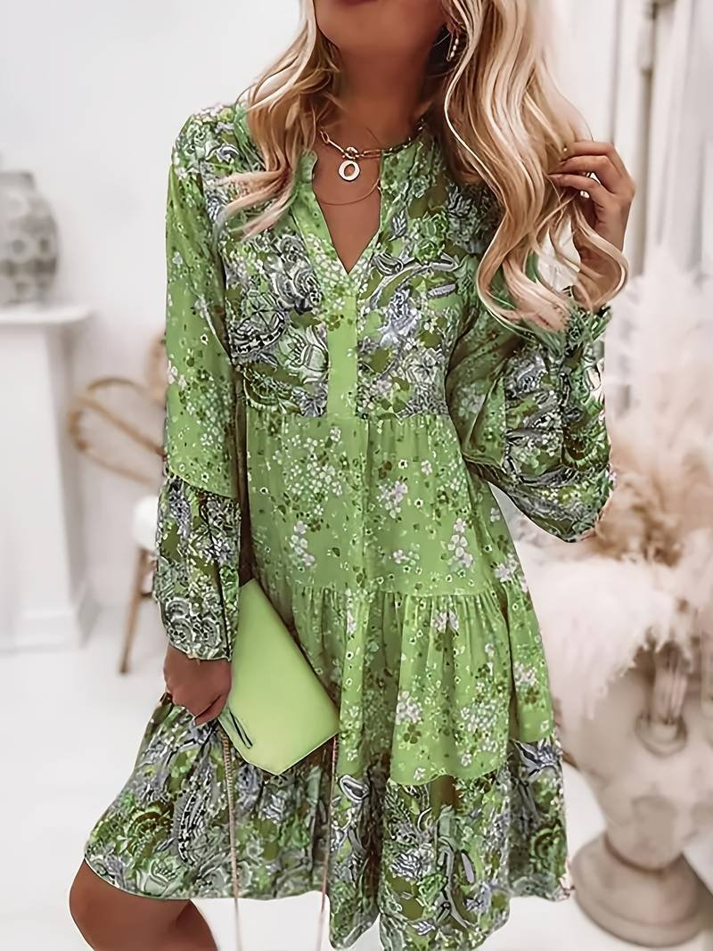 Boho Midi Dress Floral Print V-Neck Long Sleeve Tiered - Green