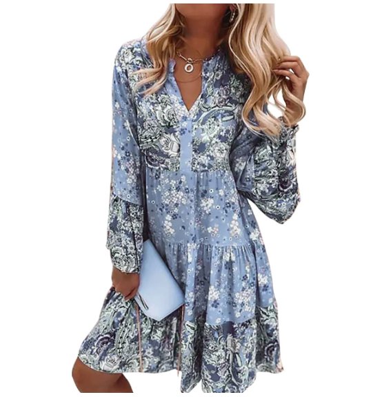 Boho Midi Dress Floral Print V-Neck Long Sleeve Tiered - Blue