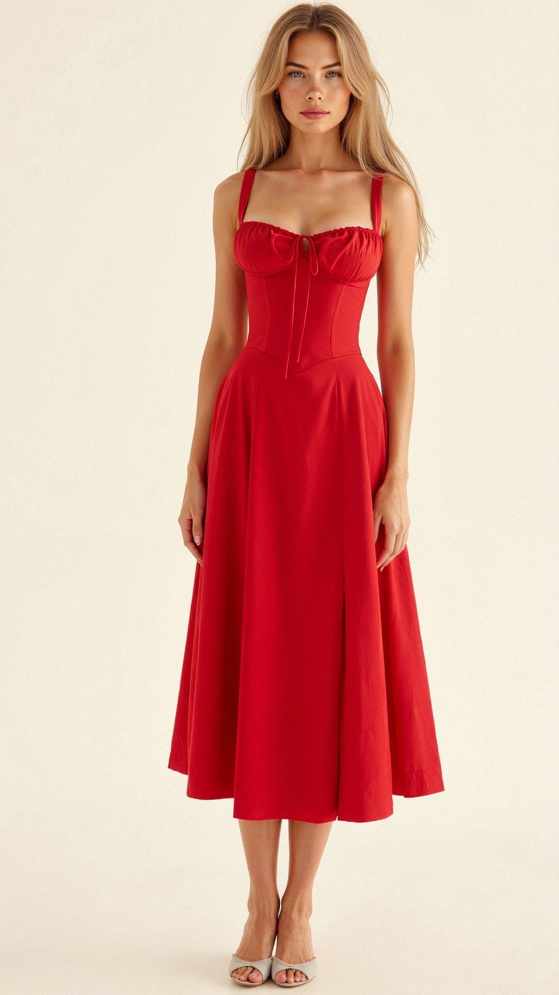 Floral Corset Midi Dress Sweetheart Neckline - Red