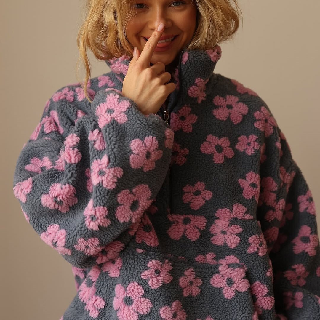 Floral Teddy Fleece Half Zip Jacket Oversized - Pink