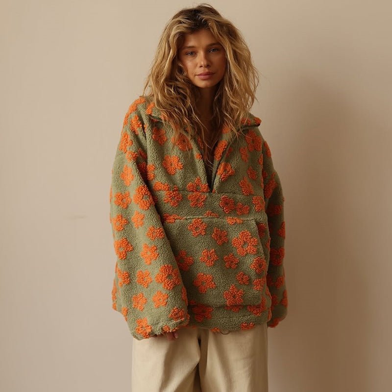 Eleanor | Floral Teddy Fleece Half Zip Jacket Oversized