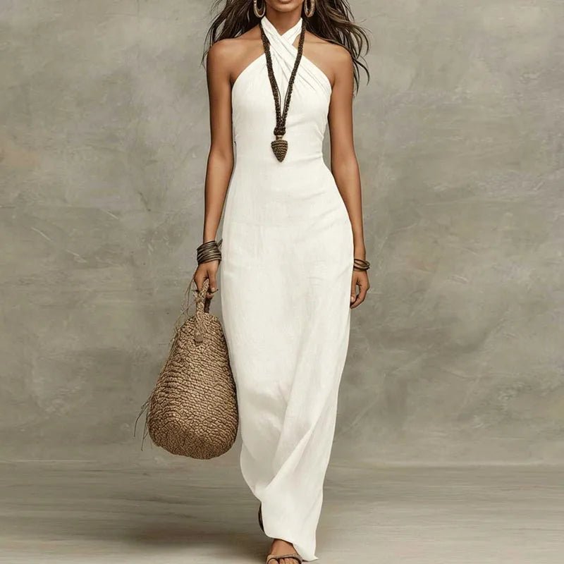 Halter Maxi Dress Criss Cross Neckline Sleeveless Bohemian - White