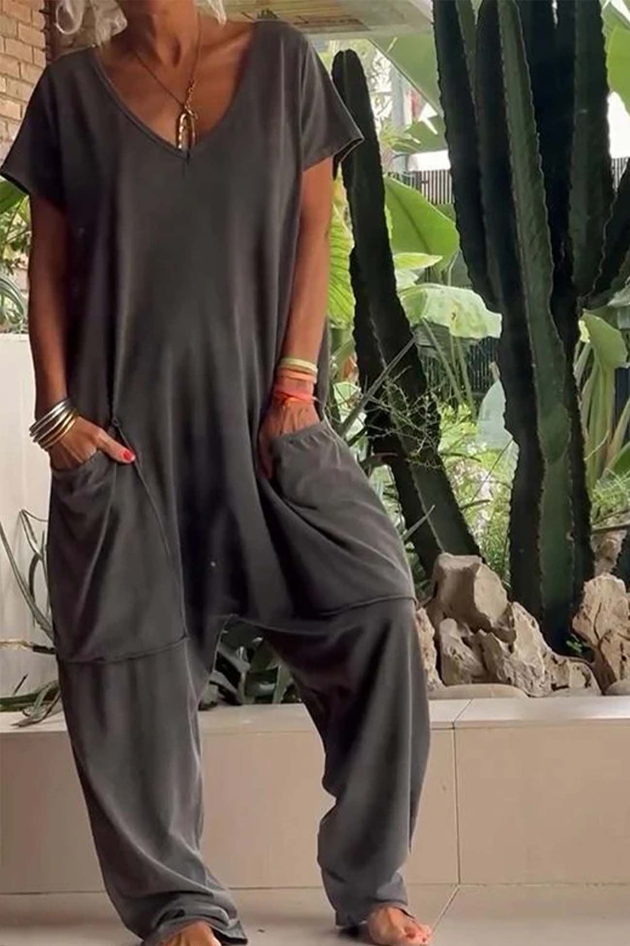 Linen Blend Jumpsuit V-Neck Short Sleeve Wide Leg Pockets - Stone Gray