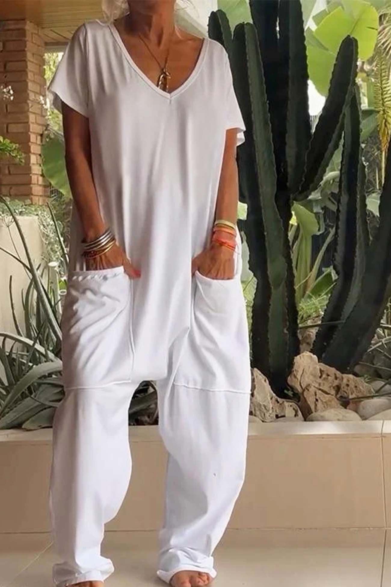 Linen Blend Jumpsuit V-Neck Short Sleeve Wide Leg Pockets - Snow White