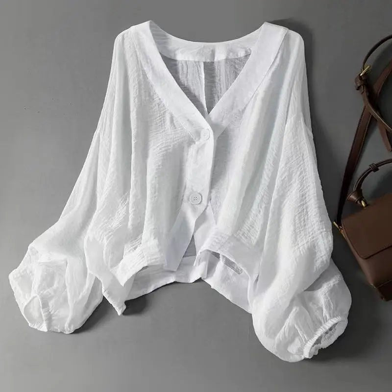 Linen Blouse V-Neck Batwing Sleeves Loose Fit Summer - White