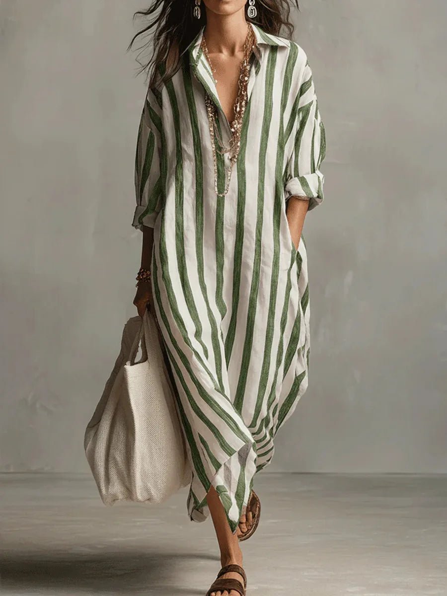 Linen Shirt Dress V-Neck Striped Maxi Long Sleeve Loose Fit - Green