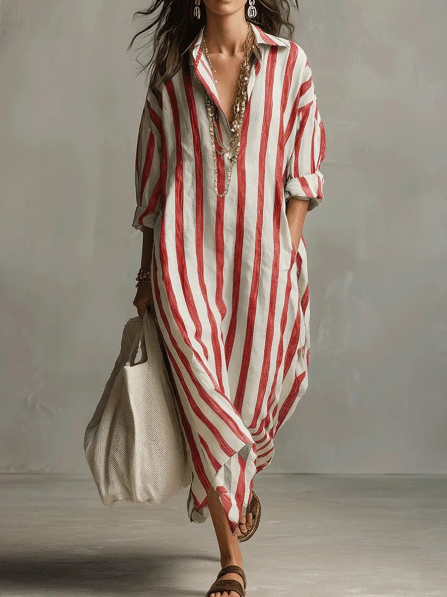 Linen Shirt Dress V-Neck Striped Maxi Long Sleeve Loose Fit - Red