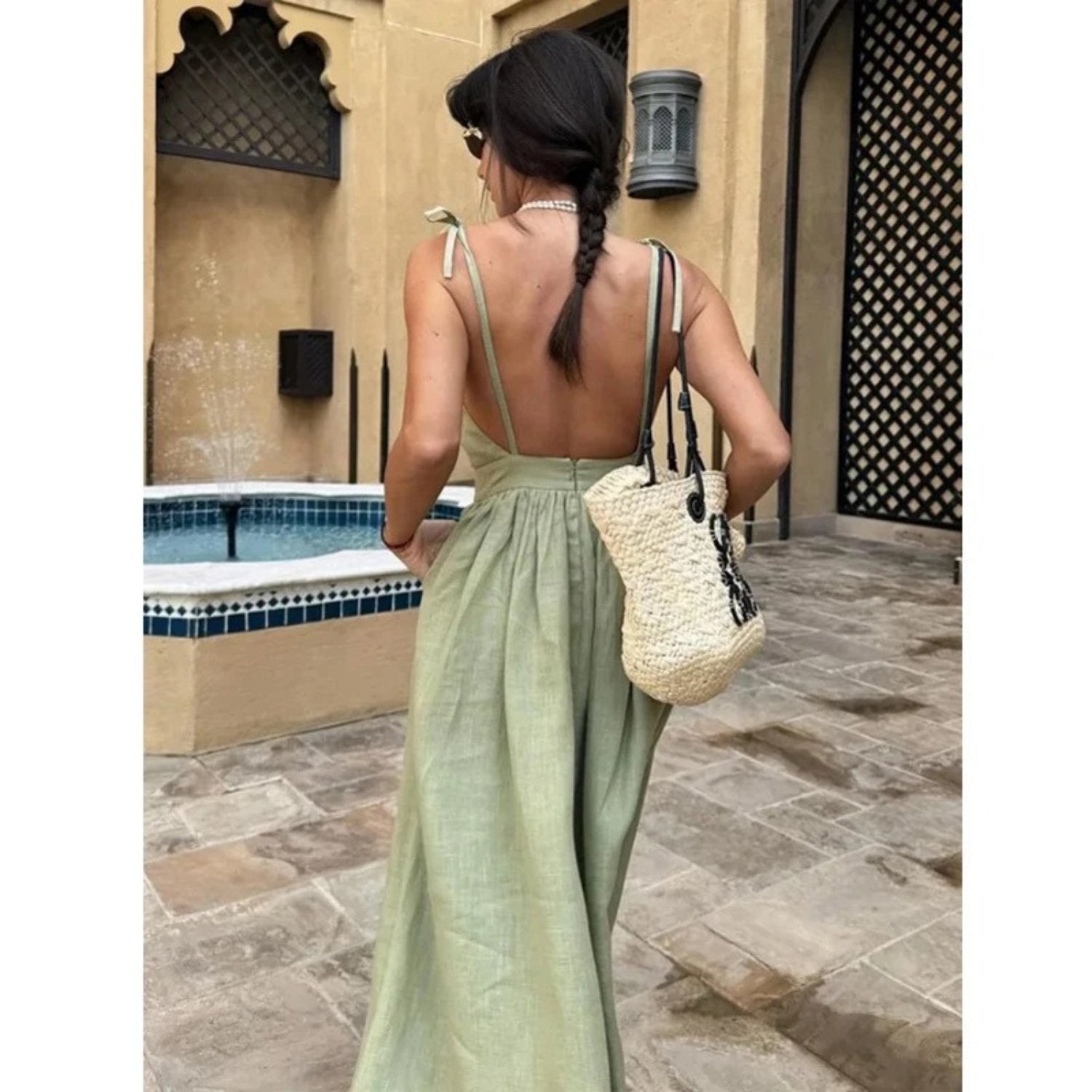 Olivia | Linen Sleeveless Maxi Dress A-Line Open Back Adjustable Tie