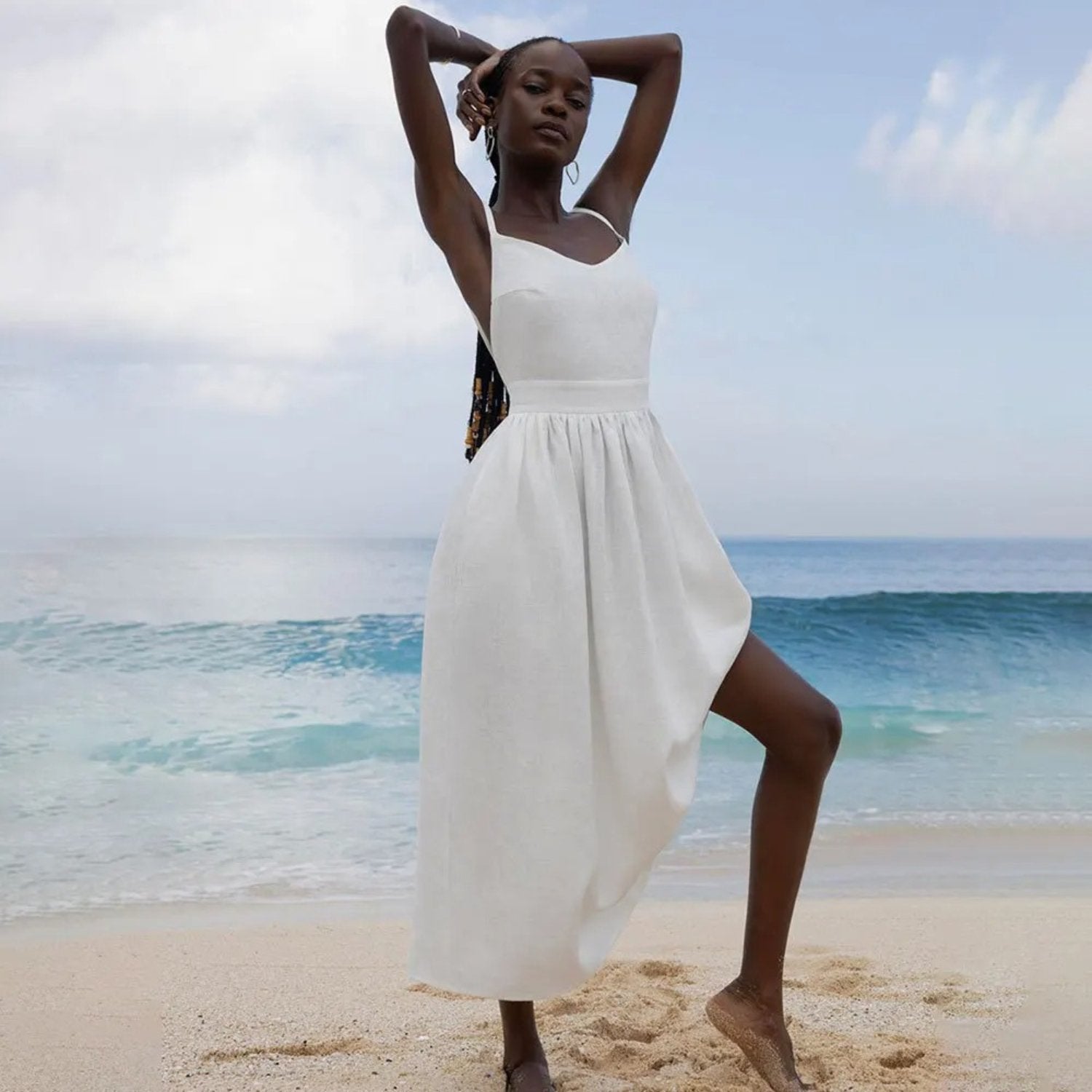 Linen Sleeveless Maxi Dress A-Line Open Back Adjustable Tie - White