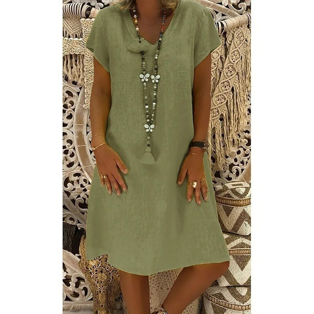 Linen V-Neck A-Line Mini Dress Short Sleeve Summer - Grün