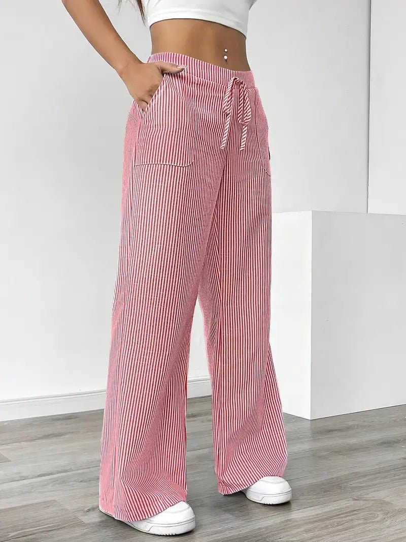 Olivia | Linen Wide Leg Striped Pants Drawstring Waist Pockets