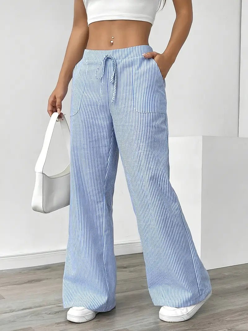 Olivia | Linen Wide Leg Striped Pants Drawstring Waist Pockets