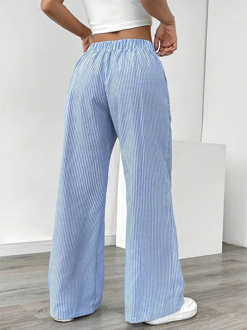 Olivia | Linen Wide Leg Striped Pants Drawstring Waist Pockets