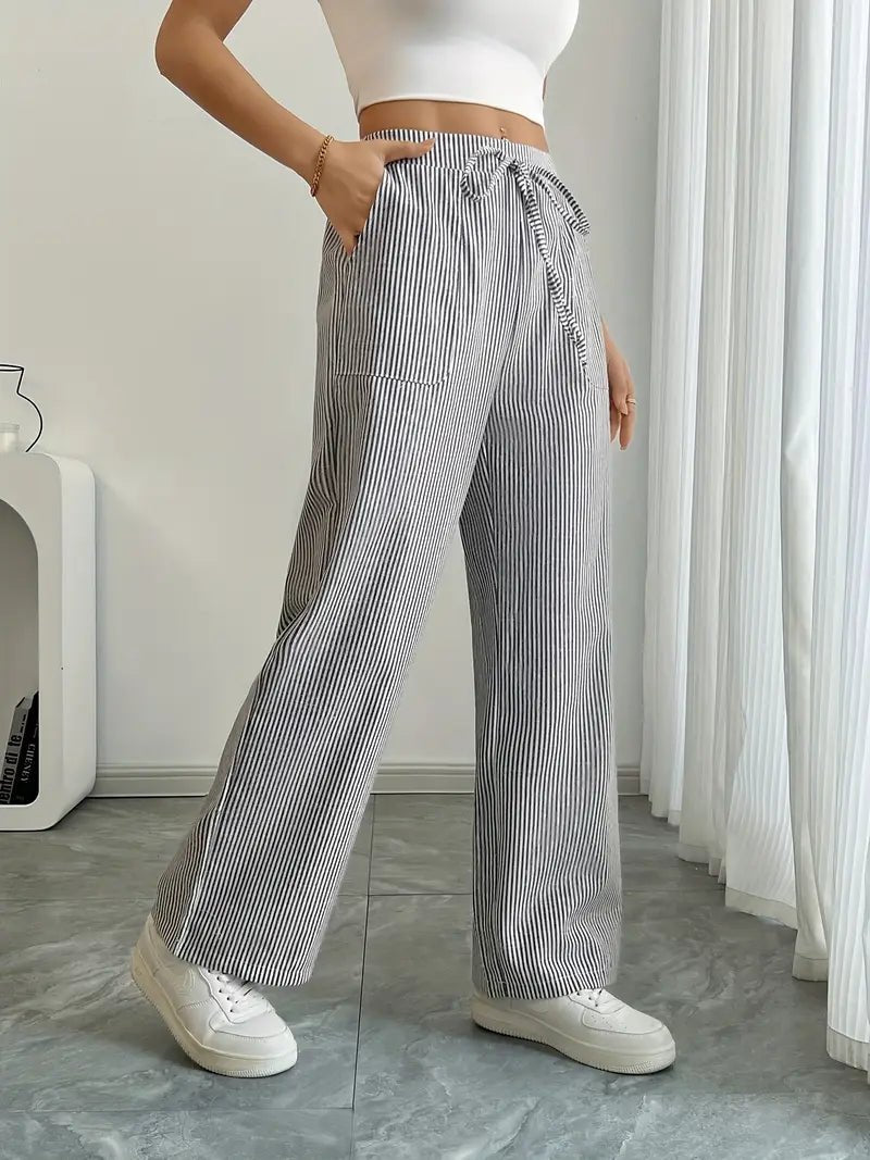 Olivia | Linen Wide Leg Striped Pants Drawstring Waist Pockets
