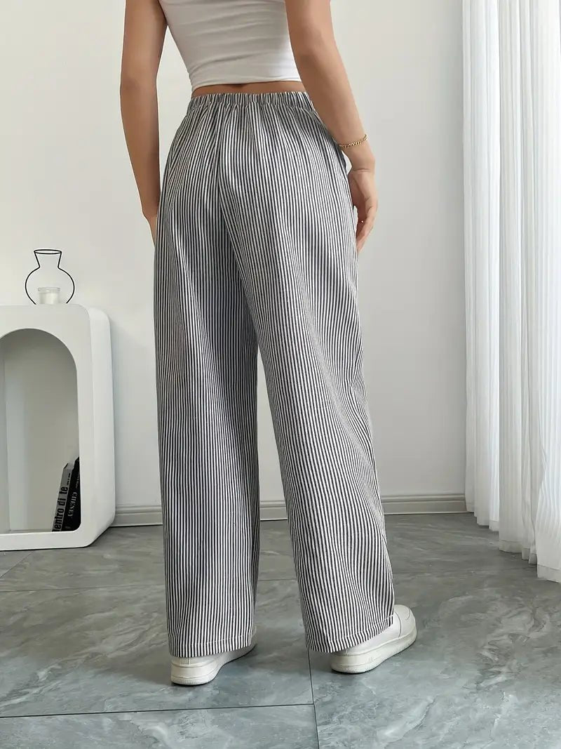 Olivia | Linen Wide Leg Striped Pants Drawstring Waist Pockets