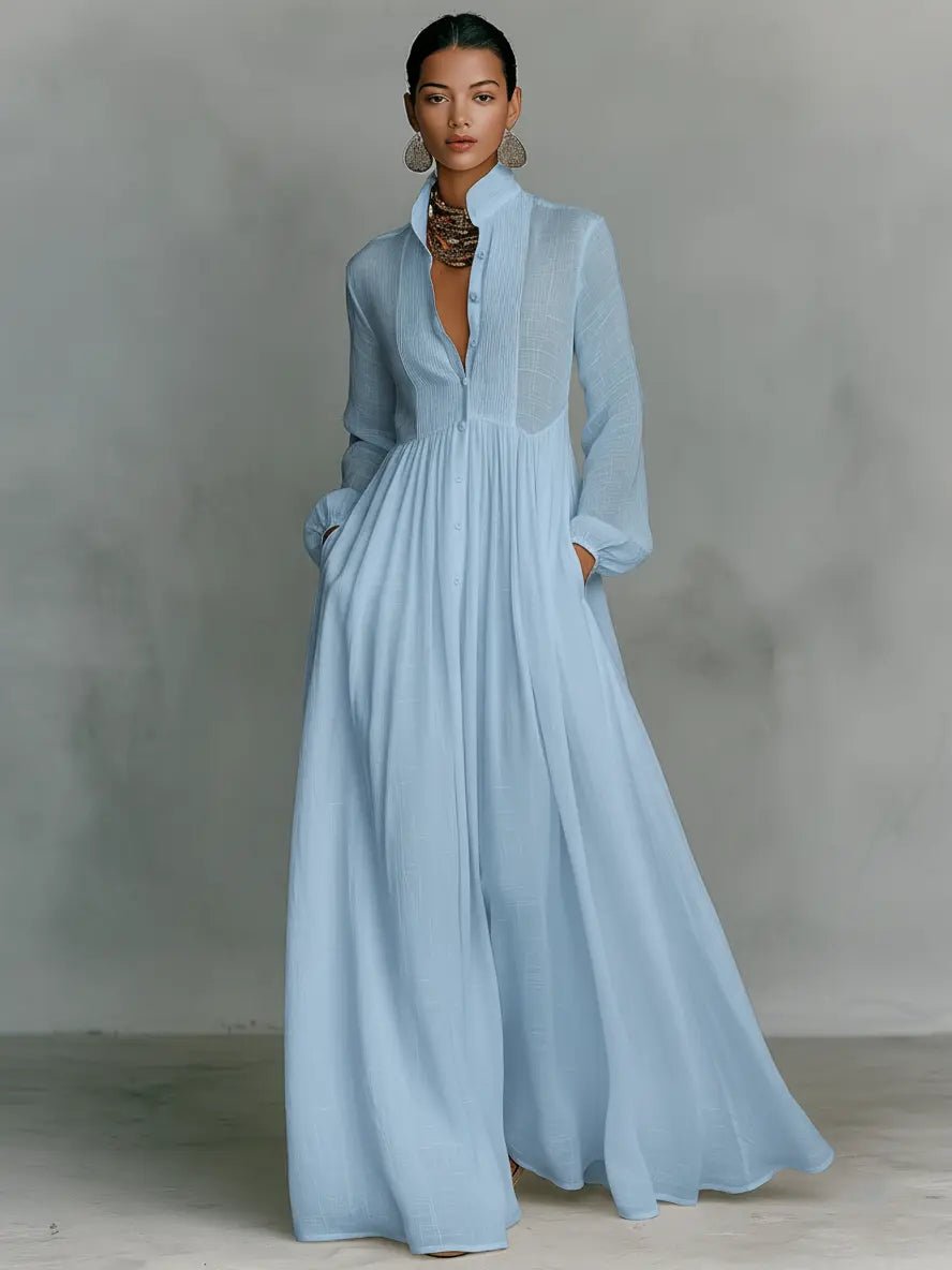 Maxi Dress Cotton Linen Blend Stand Collar Button Front - Blue
