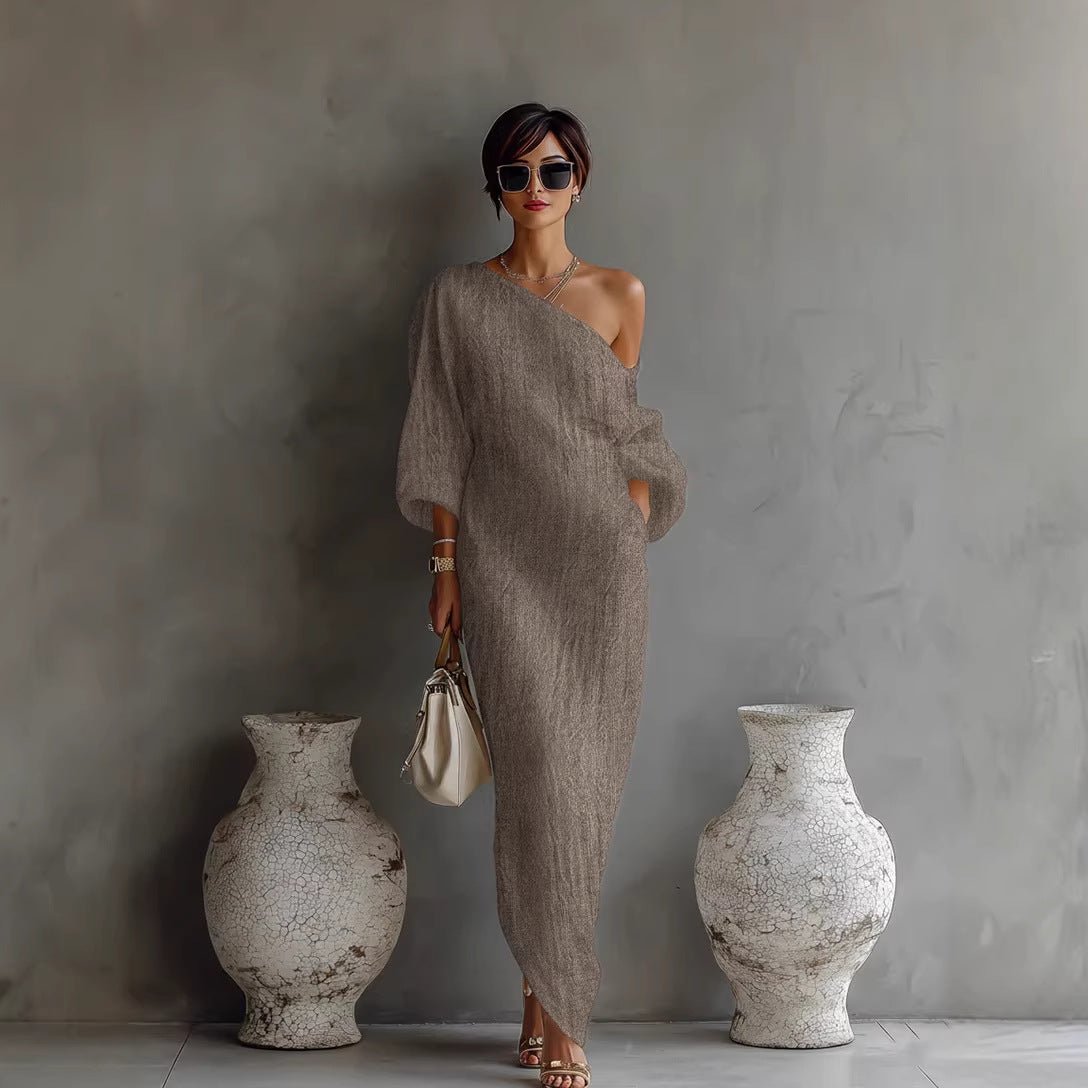 Maxi Dress Off Shoulder Lantern Sleeve Linen Blend Loose - Gray