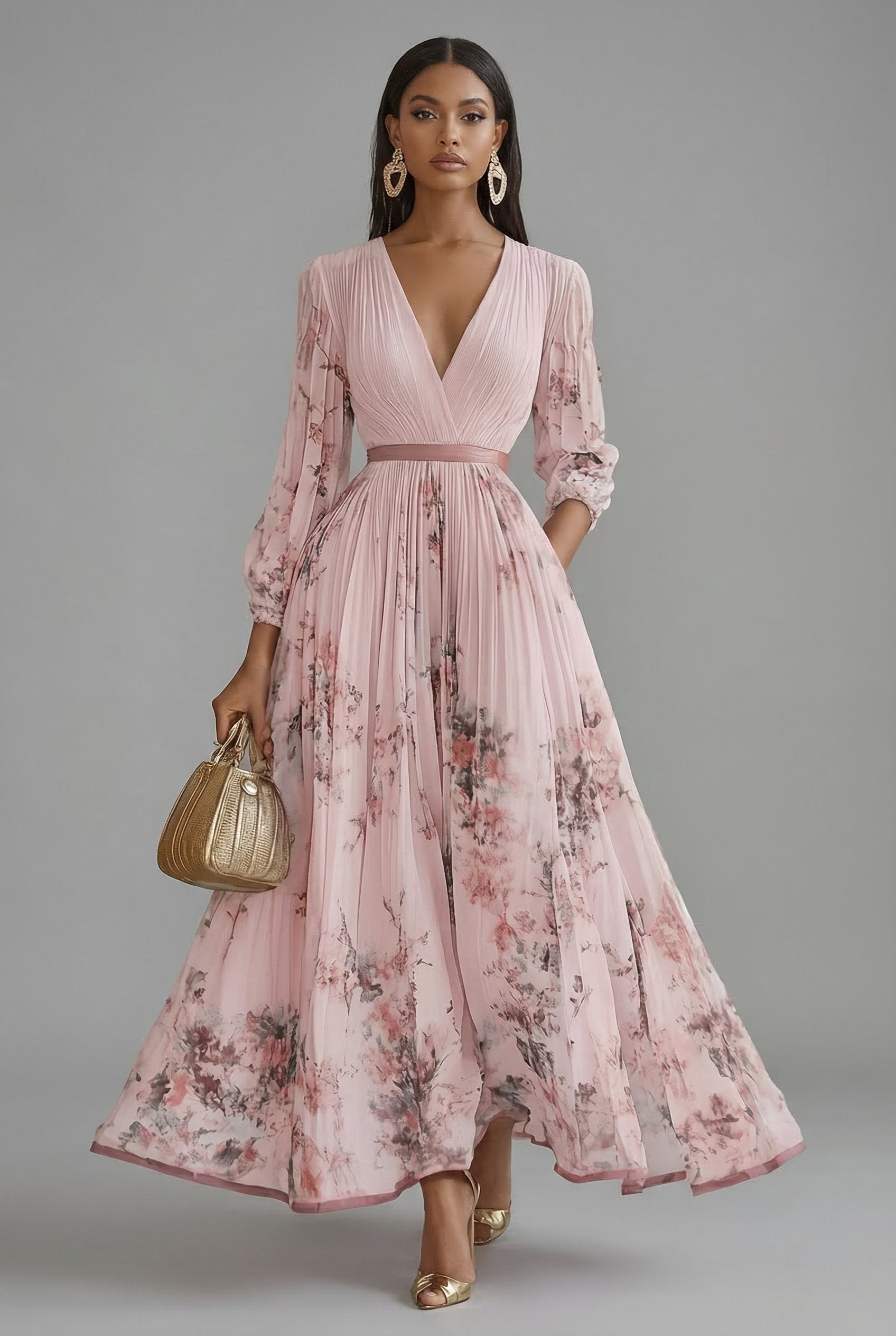 Maxi Dress V-Neck Long Sleeve Pleated Floral Print - Pink
