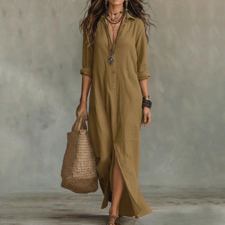Maxi Shirt Dress Three Quarter Sleeves Linen Cotton Loose - Khaki