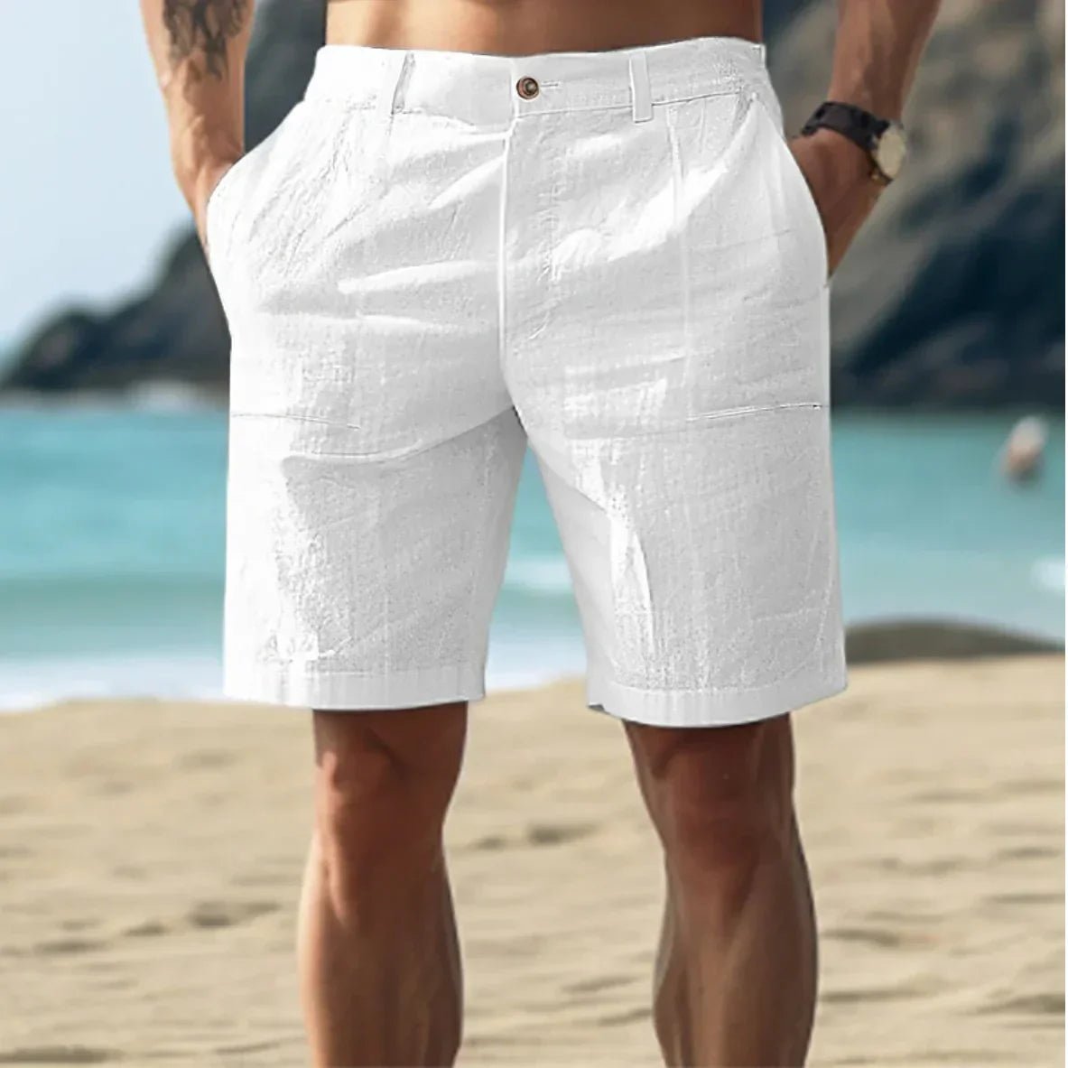 Men's Linen Casual Shorts Flat Front Summer Chino - White