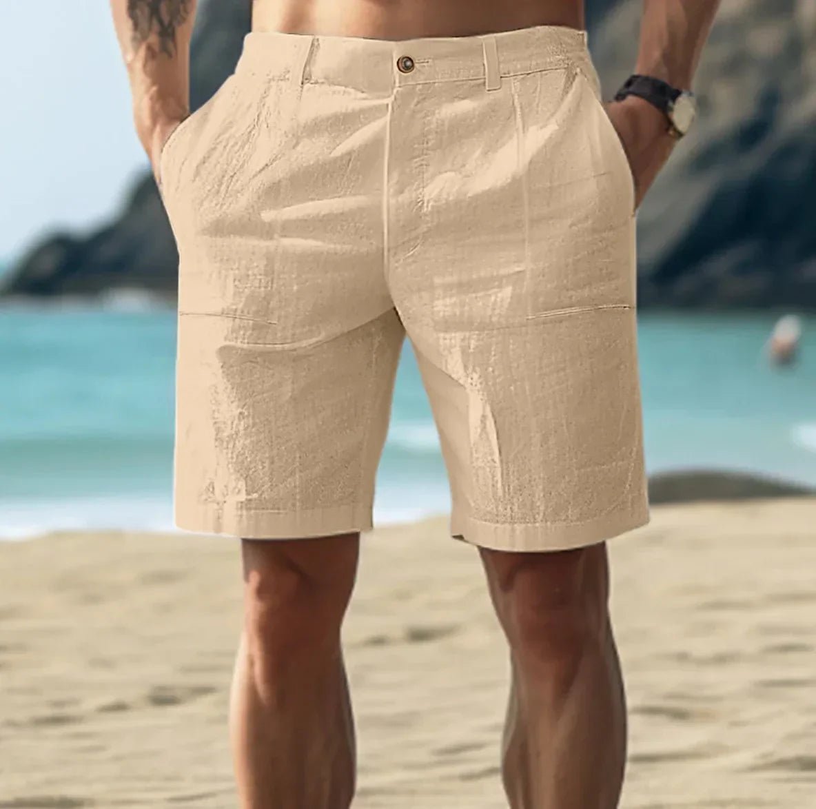 Men's Linen Casual Shorts Flat Front Summer Chino - Khaki