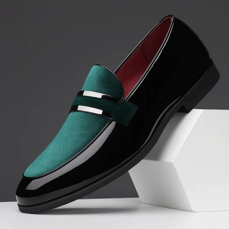 Men's Penny Loafers Italian Leather Suede Detail Slip-On - Green Black