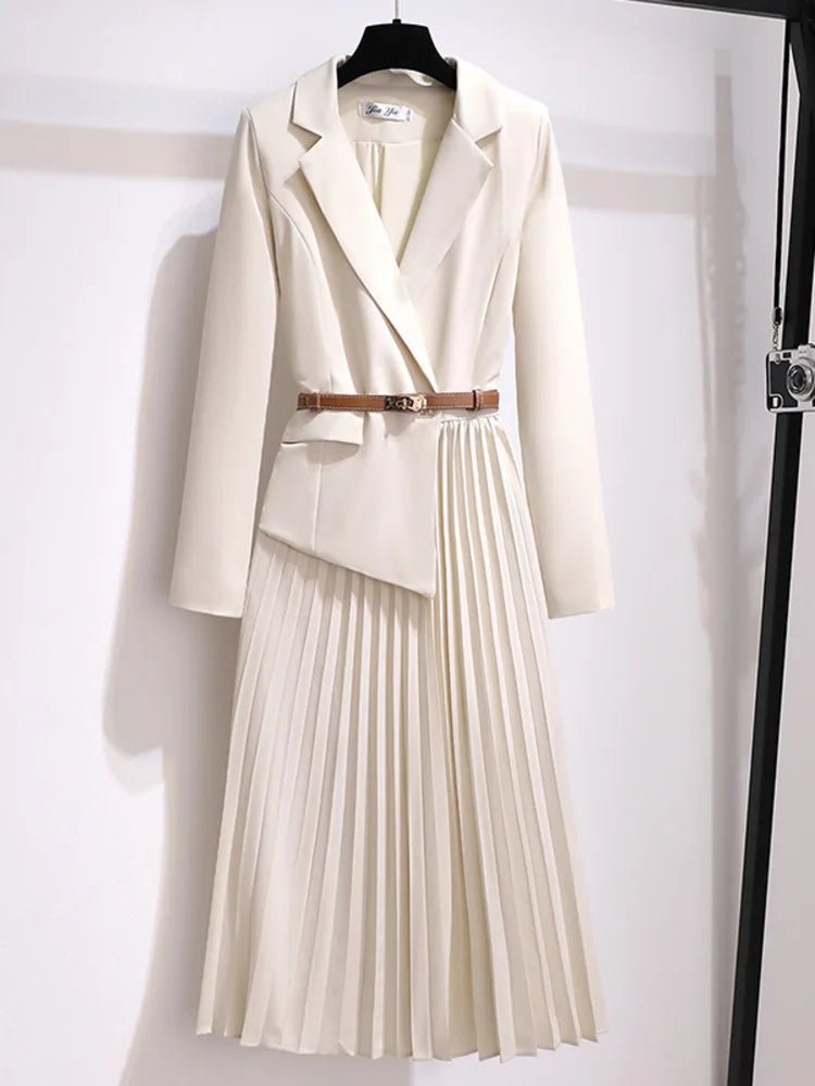 Midi Dress Blazer Style Belted Pleated - Beige