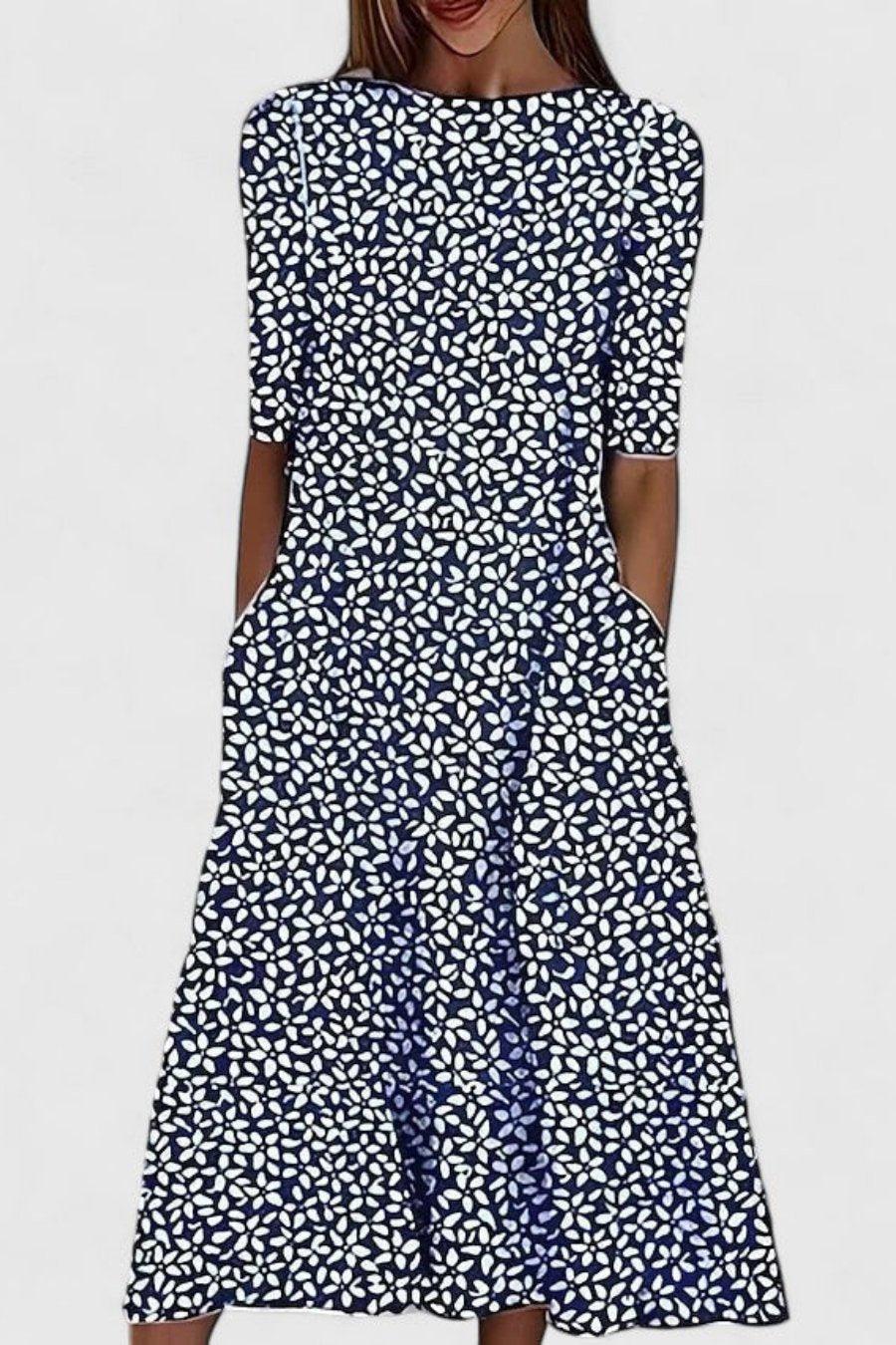 Midi Dress Cotton Round Neck Short Sleeve A-Line Pockets - Dark Blue