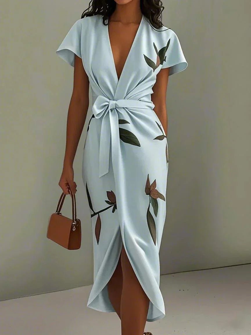 Midi Wrap Dress V-Neck Floral Print - Light Blue