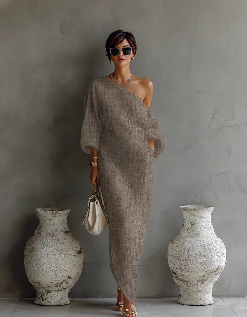 One Shoulder Linen Maxi Dress Asymmetrical Relaxed Fit - Khaki